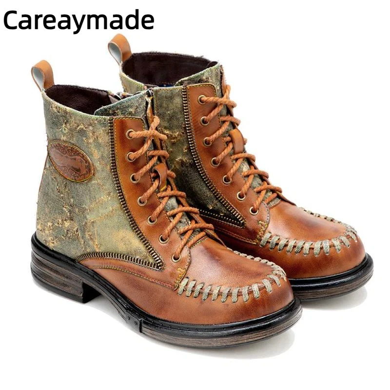 Careaymade-Genuine Leather wider toe Shoes Women Boots Round Toe Retro Handmade Zip Leisure Sewing Concise Ankle Platform Boots