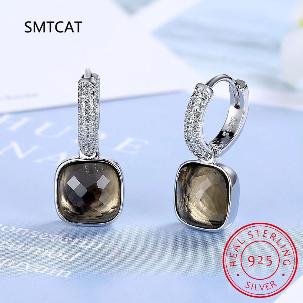 Square Large 7ct Genuine Smoky Quartz 925 Sterling Silver Hoop Earrings for Women Statement Gemstone Fine Jewelry Creole Huggies