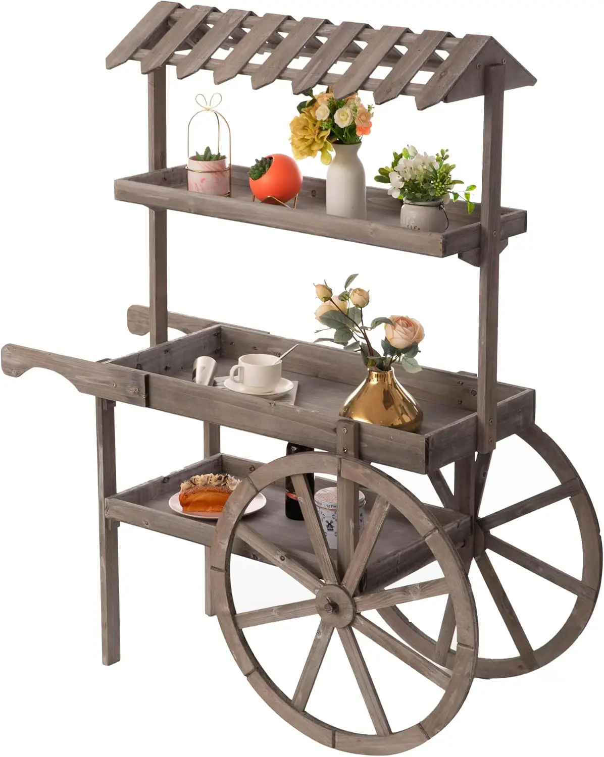 Antique Rustic Solid Wood Decor Display Rack Cart Wood Plant Stand 3 Tier with Wheels for Display, Wood Wagon with Shelves for P