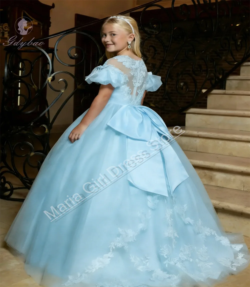 Customized Princess Girl Dresses for Wedding Lace Embroidered Bow Trailing Girls Birthday Party First Communion Gowns