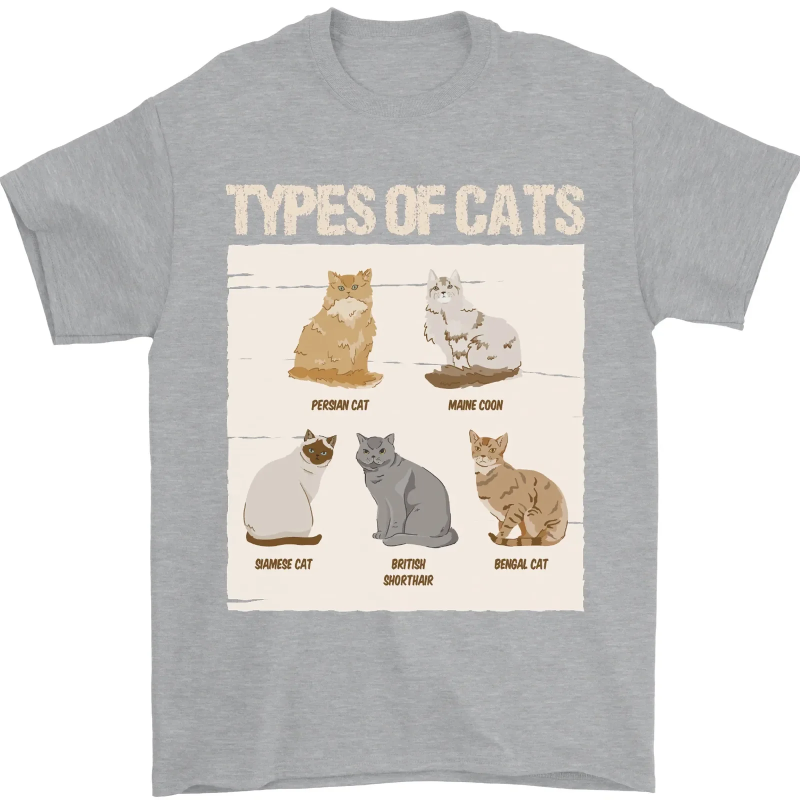 Types of Cat Persian Siamese British Bengal Mens T-Shirt 100% Cotton