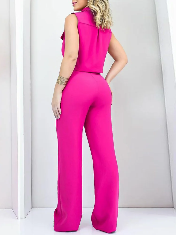 Women Single-Breasted Short Top Two Pieces Sets, Spring Summer Loungewear Wide Leg Pants Outfit, Sleeveless Elegant Ladies Suits