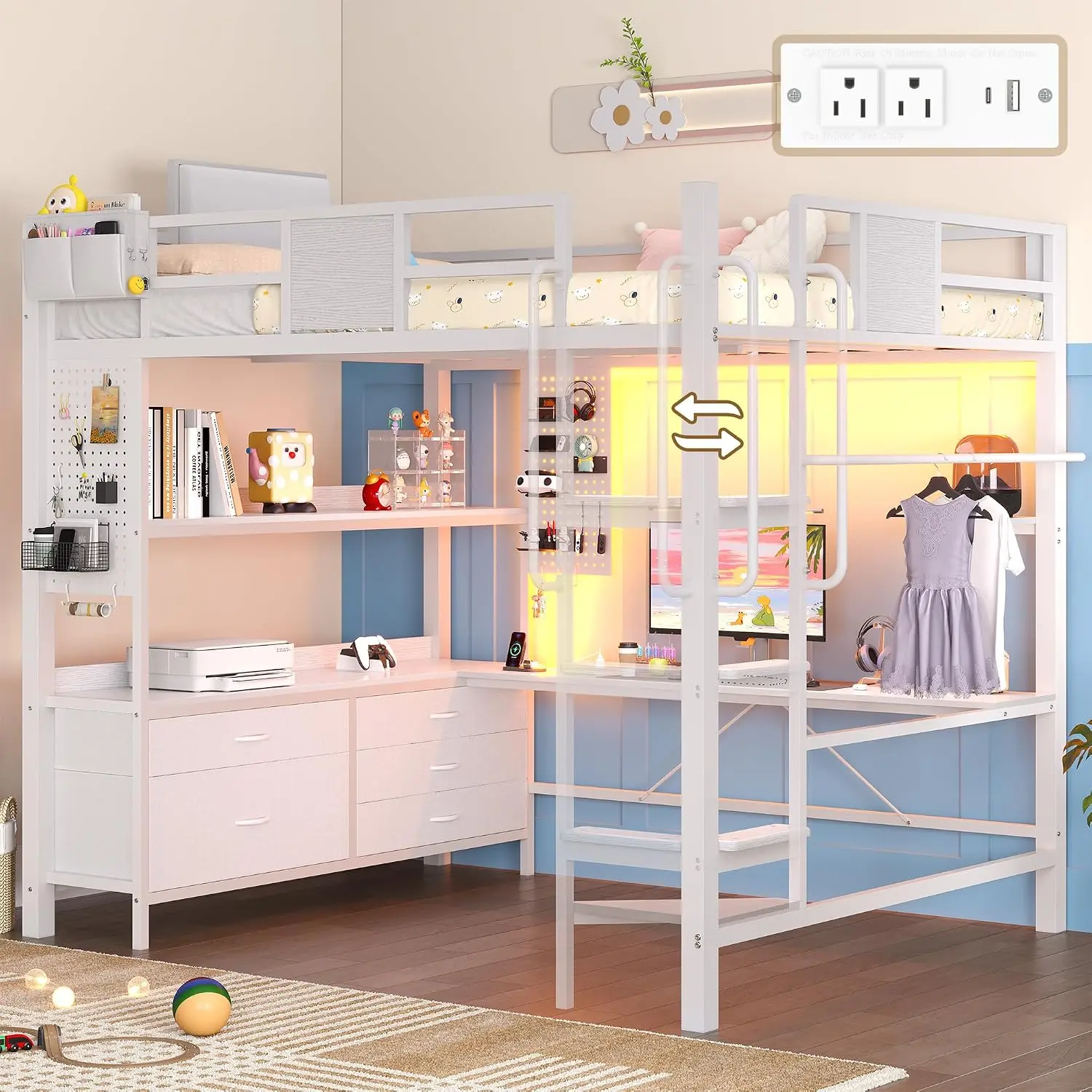 Full Size Loft Bed With Desk & 5 Storage Drawers, Customized
