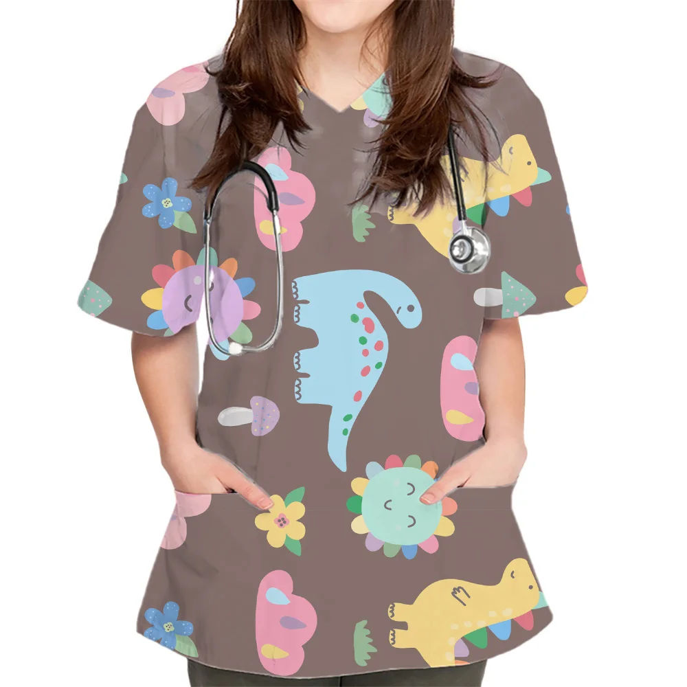 Women Scrub Working Uniform Tops Cute Dinosaurs Printed  V-Neck Tees With Pockets Dentist vet Nurse Surgical Uniforms Nursing