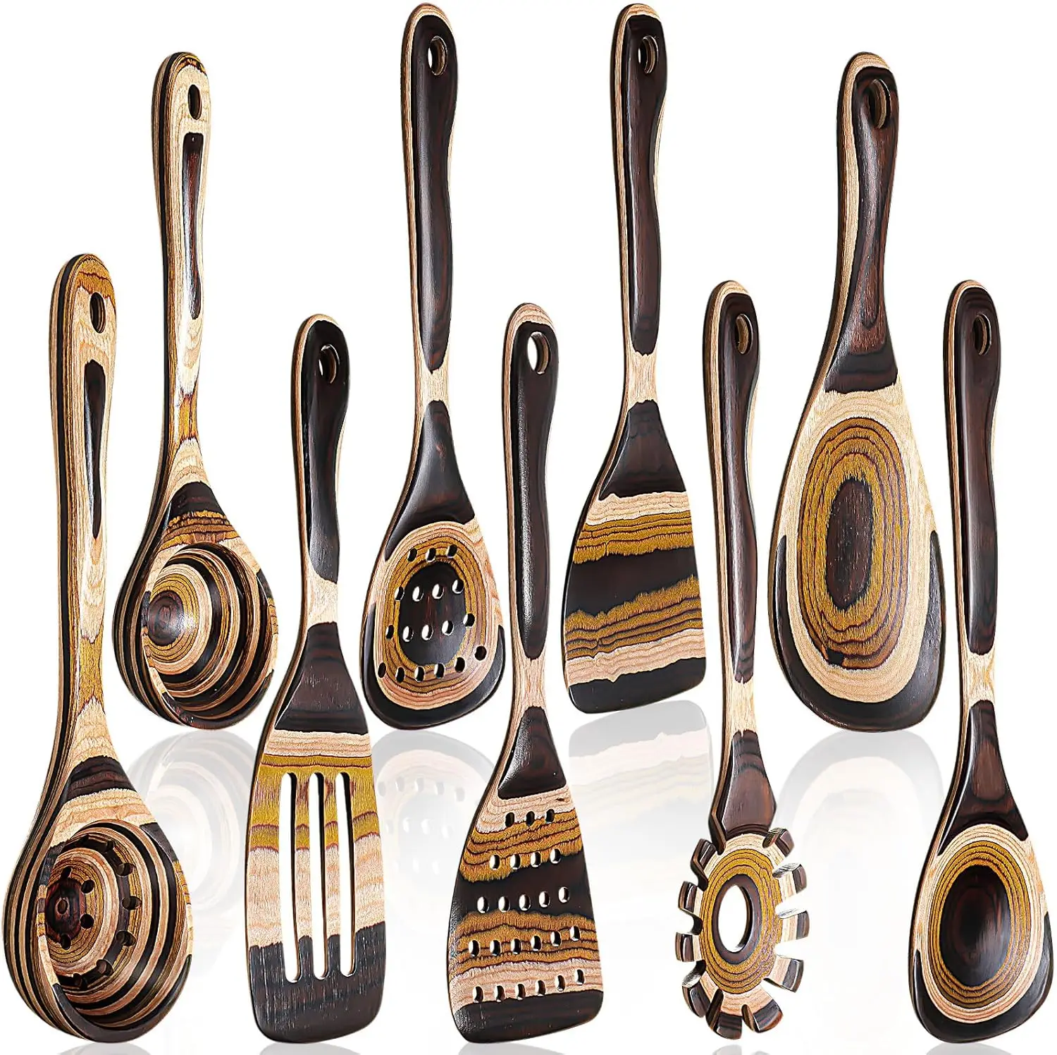 

9-Piece Brown Wooden Kitchen Utensil Set with Long Handle, Non-Stick Safe Cooking Tools for Household Gifts