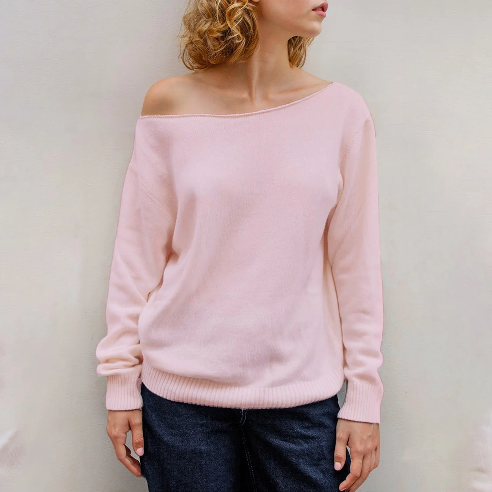 Maemukilabe Casual Solid Color Knitted Sweaters Slash Neck Off Shoulder Ribbed Long Sleeve Jumpers Women Fall Pullovers Knitwear