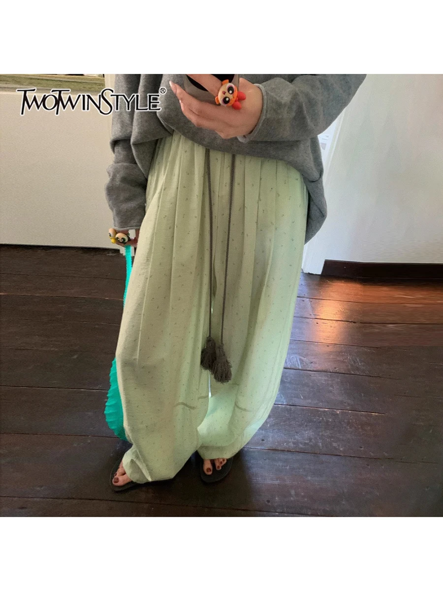

TWOTWINSTYLE Hit Color Loose Spliced Lace Up Pants For Women High Waist Temperment Minimalist Wide Leg Pant Female Fashion Style