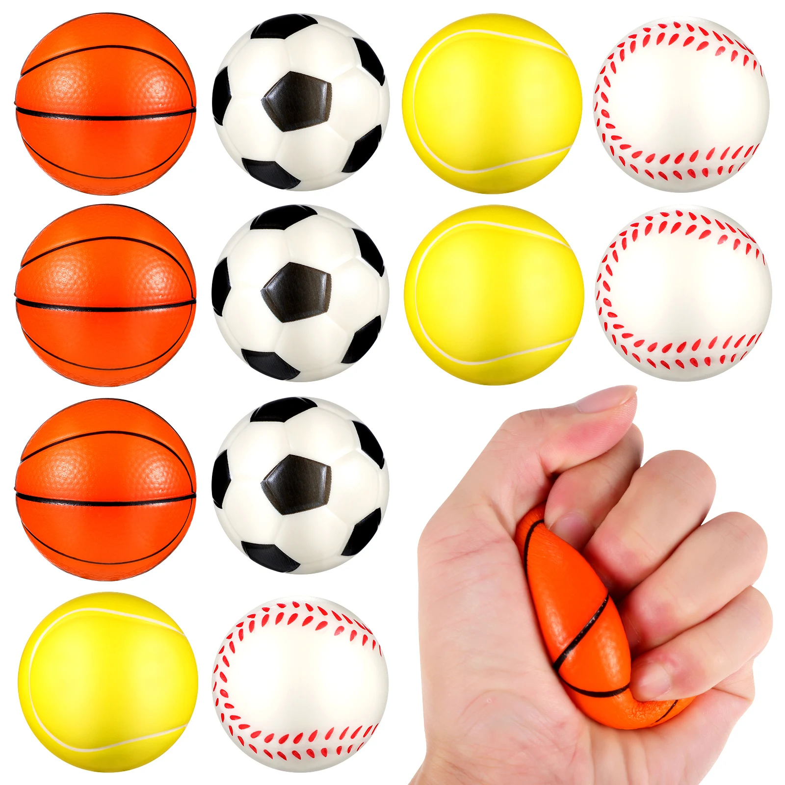 12Pcs PU Stress Balls Sports Squeeze Relief Balls Soccer Basketball Tennis Baseball Party Favors Squeeze Toys Fidget Stress Toys