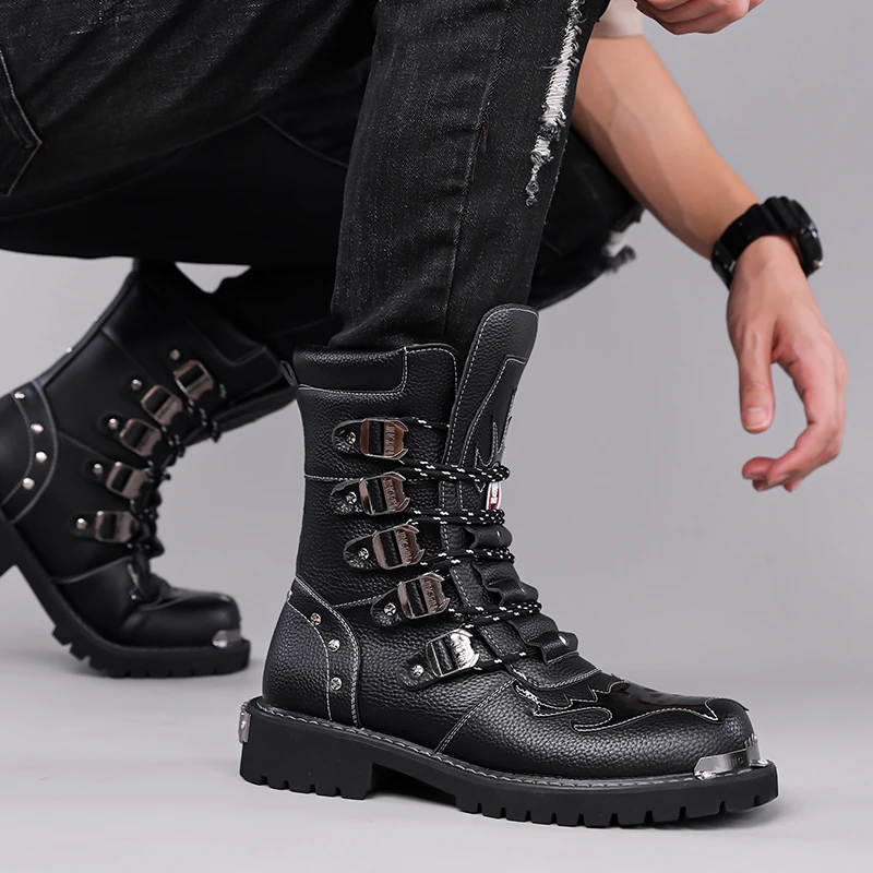 British Style Low Heel Men's Long Motorcycle Boots Men Comfortable Lace Up  Winter High Top Non Slip Thick Soled Leather Boot