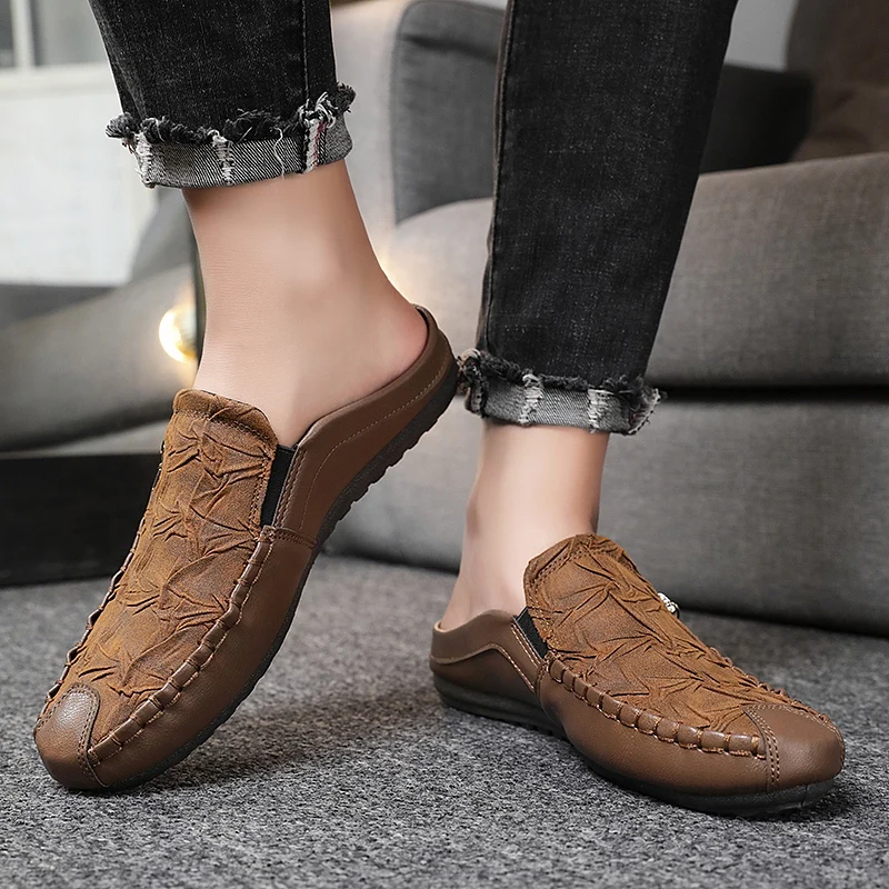 Fashion leather Mens Half Slippers Breathable Mens Casual Shoes Outdoor Men Loafers Lazy Shoes Flats Comfortable Male Sneakers