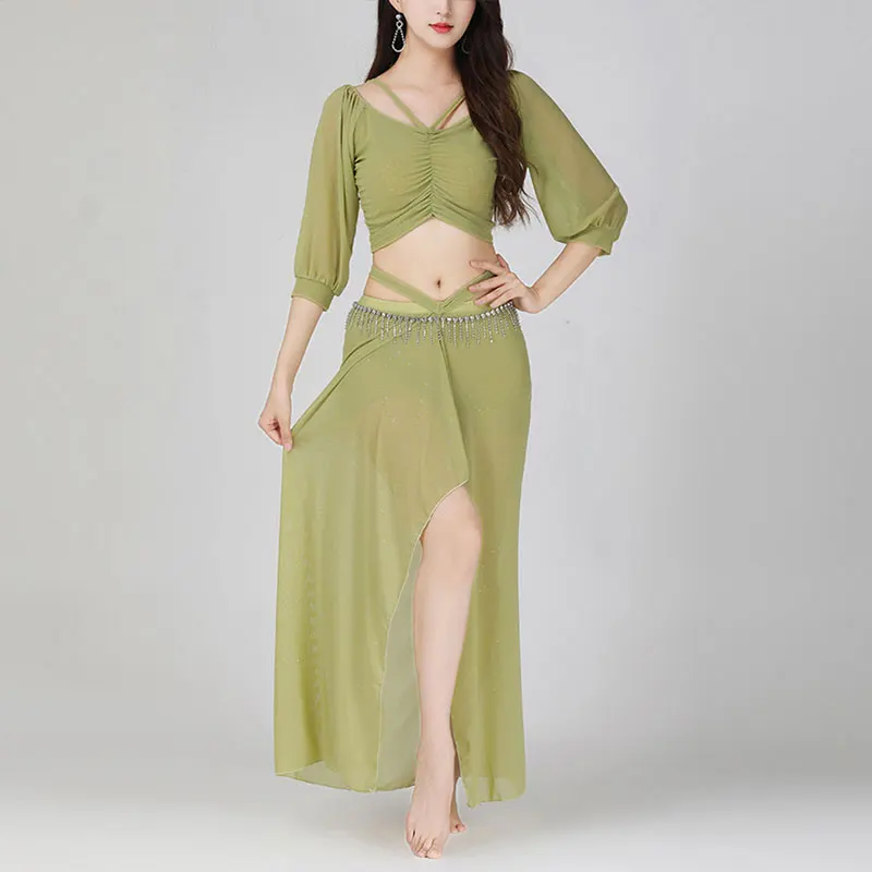 2PCS Adult Belly Dance Practice Clothes Women Elegant Dancing Top Skirt Set Lesson Class Wear Performance Dancer Training Suit