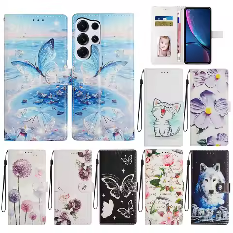 Phone Case for Funda Samsung Galaxy S22 Ultra S21 Plus S20 FE S10 S9 S8 S7 S6 S5 Cases Butterfly Flower Leather Flip Back Cover