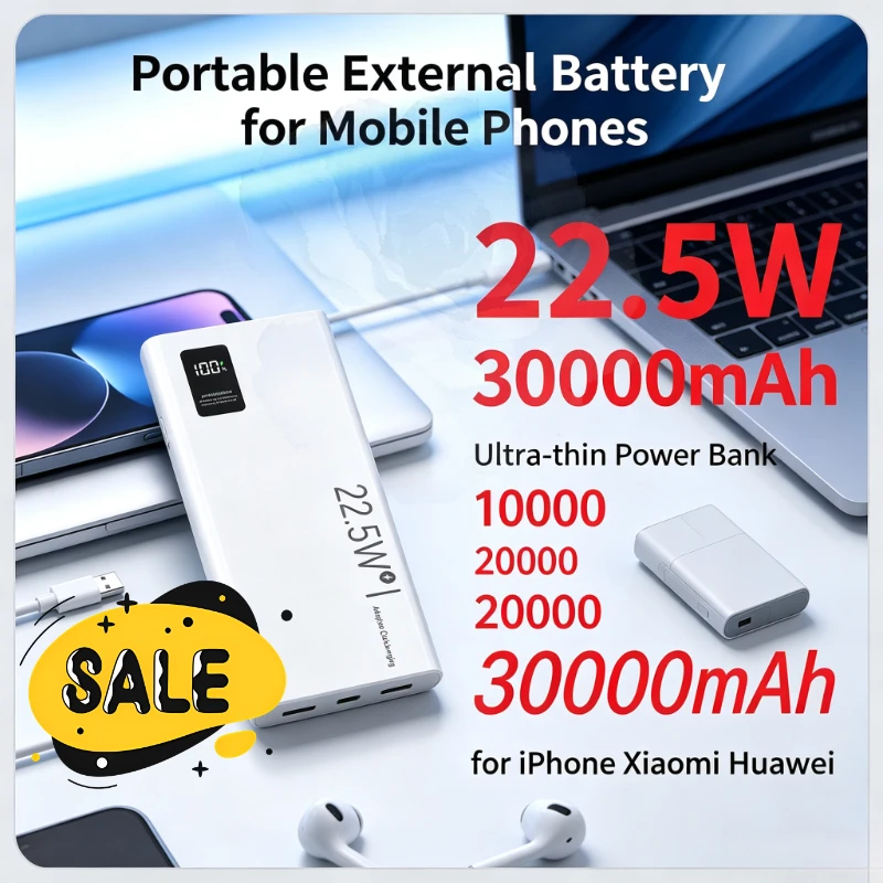Brand‑new 22.5W Ultra‑thin Power Bank 10000/20000/30000mAh Portable External Battery for IPhone Xiaomi Huawei Mobile Phones