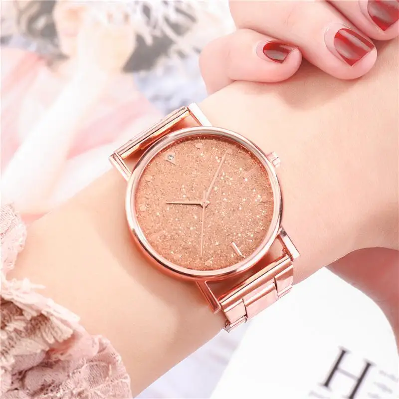 New starry silver pink face stainless steel band women\'s full sky quartz watch