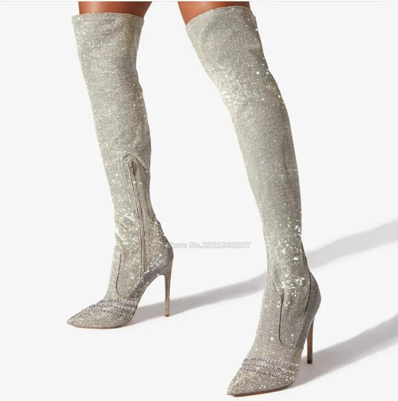 Pull On Ladies Silver Party Stretch Over The Knee Boots Women Stiletto Heeled High Point Heel Long Bota Party Shoes