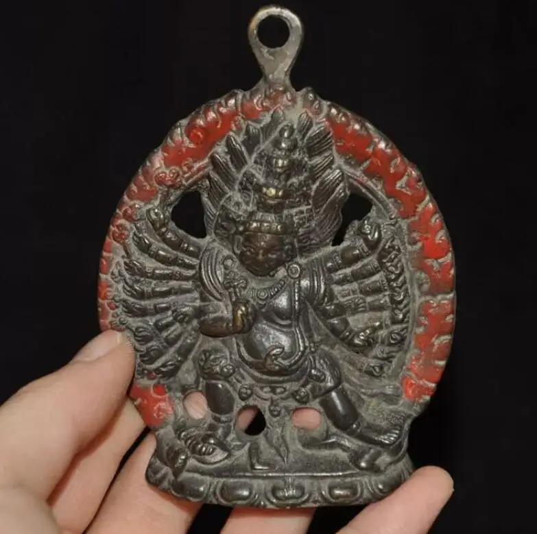 3.8'' Tibet bronze 1000 arms Mahakala Wrathful Deity Buddha Thang-ga Pendant