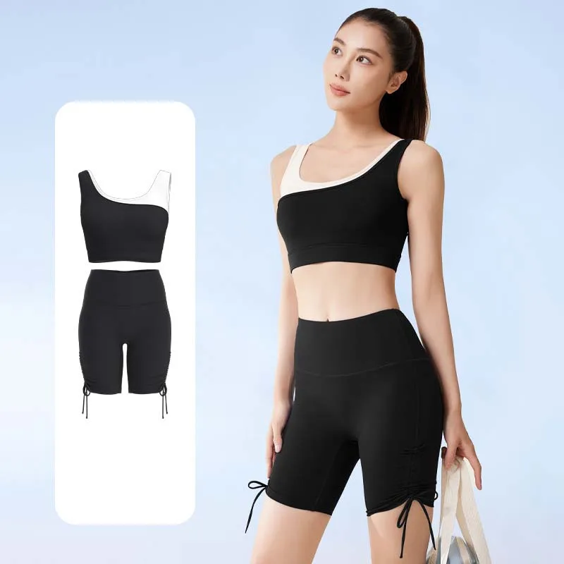 

PINGNIAO Women's Sports Patchwork Bra Shorts Yoga Set Summer Exercise Fitness One-piece High Elastic Quick-drying Set