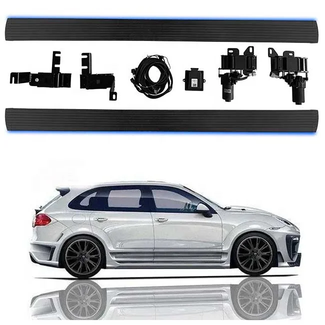 Automatic Power Running Boards, Smart Electric Side Steps with Courtesy LED Light for Porsche Cayenne SUV, Direct Bolt-On, Black