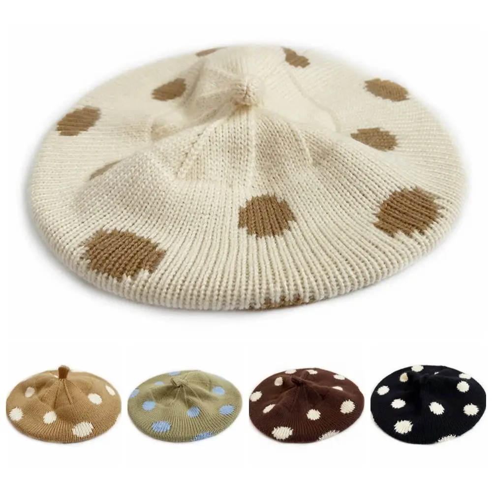 Wind Resistant Polka Dot Beret Round Shape Stretchy Fabric Knitted Beret Casual Warm Knit Wool Beret Outdoor Going‑out