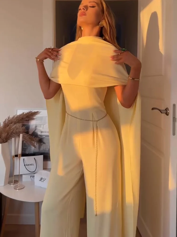 

Elegant Jumpsuit 2 pieces Women With Long Shawl Fashion Halter Sleeveless Backless Loose Fit Romper Lady Summer Casual Outfit
