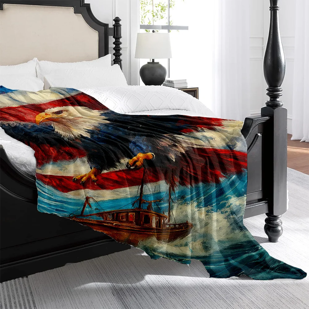 1pc American Bald Eagle & USS Constitution ( Ironsides) Sailing Ship Print Blanket - Heavy-Duty Quilted All-Season Bedspread