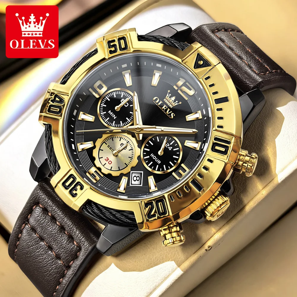 

OLEVS Mens Watch Original Multifunctional Quartz Movement Watch Leather Strap Waterproof Super Luminous Wristwatch Gifts 2999