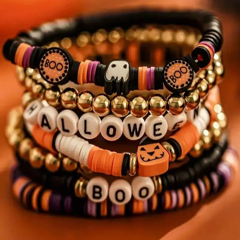 Pumpkin Ghost Charm Beaded Bracelet 7Pcs Set Halloween Stackable Fashion Jewelry Gift for Women Teen Girls Party Wear