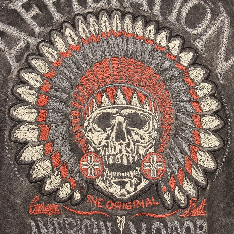 سترة جلدية للدراجات النارية كلاسيكية مع تطريز جمجمة ، جلد بقر حقيقي ، معطف لراكبي الدراجات النارية ، ملابس شتوية بمحركات ، M220