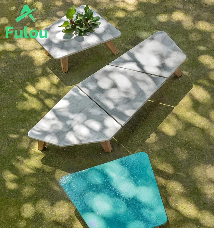 Home Bar Yacht Villa Outdoor Garden Hotel White Side Table  Natural Wooden Teak Rectangular Ceramic Blue Coffee Table