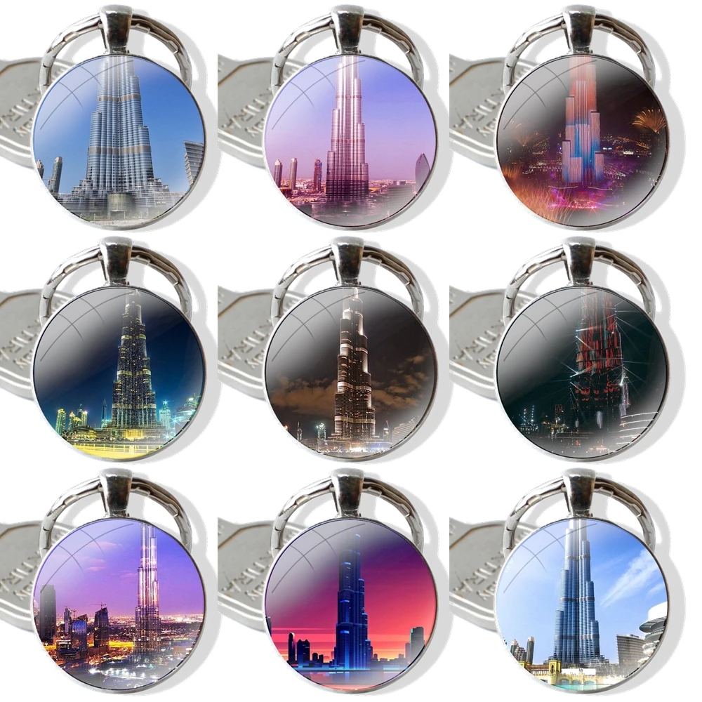 Burj Khalifa Tower building Dubai Keychain Handmade Glass Cabochon Key Ring Holder Pendant Key Chains