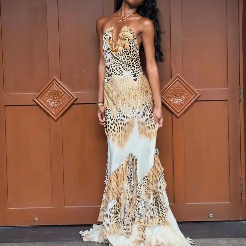 Women 2026 Summer New Sexy Leopard Print Halter Neck Backless Ruched Maxi Dress Hot Selling Trendy Chic Elegant Fashion Glam Hit