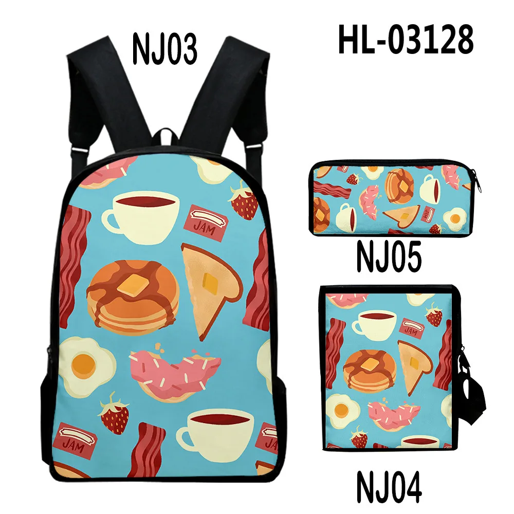 Cartoon Novelty Cool Cartoon food 3D Print 3pcs/Set pupil School Bags Laptop Daypack Backpack Inclined shoulder bag Pencil Case