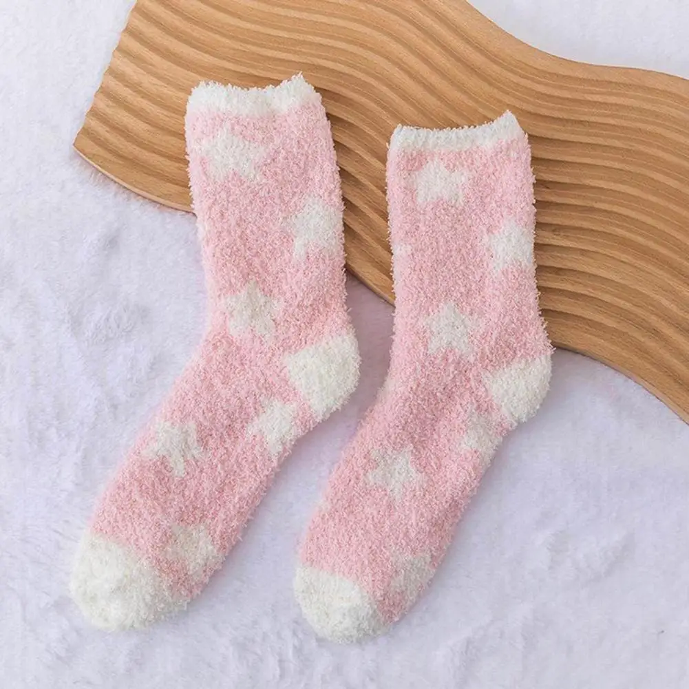 Women Winter Socks Cozy Women's Winter Socks with Star Print Soft Coral Fleece High Elasticity for Warmth Anti-slip Comfort