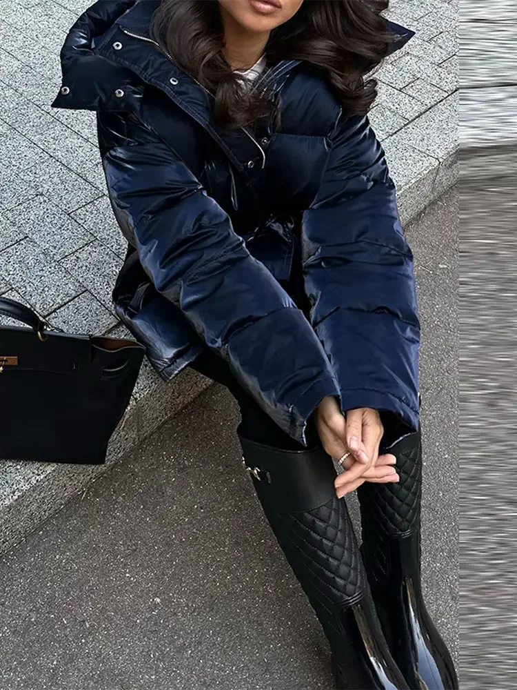 Shinny Hooded Cotton Padded Jacket For Women Loose Long Sleeve Lace Up Warm Coat 2025 New Lady Autumn Winter Party Outdoors