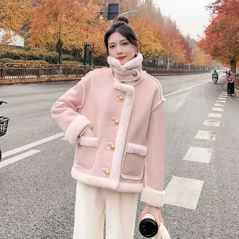 GIDYQ Winter Lamb Fur Jacket Women Korean Suede Motorcycle Snow Parka Thickened Short Coat Fashion Sweet Warm Outerwear New