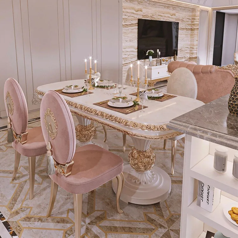 Customized French solid wood dining table and chair Modern luxury rectangular carved dining table European romantic princess