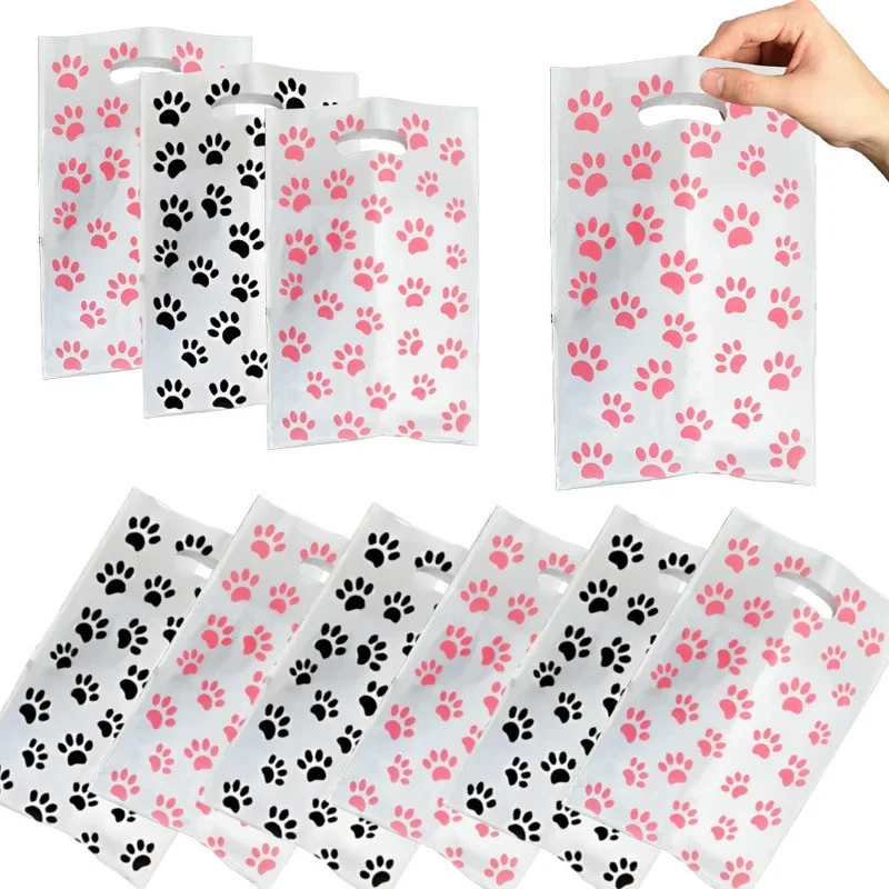

Pink Paw Gift Bag Birthday Decoration 30/20/10pcs Black Footprints Dog Cat Handle Goody Bags Biscuit Wrapper Kids Party Supplies