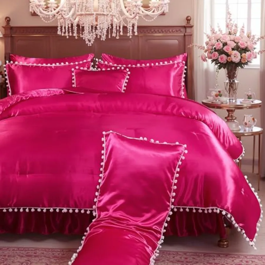 

Комплект постельного белья из сатина и шелка, цвет ярко-розовый, размер Queen, 10 предметов: пододеяльник, комплект простыней, юбка для кровати, наволочка для подушки с помпонами, роскошный комплект для спальни.