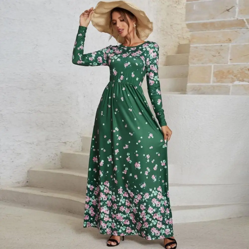 

Bohemian Maxi Dresses For Women 2022 O-Neck Long Sleeves Floral Print High Waist Large Hem Elegant Evening Dresses vestidos Robe