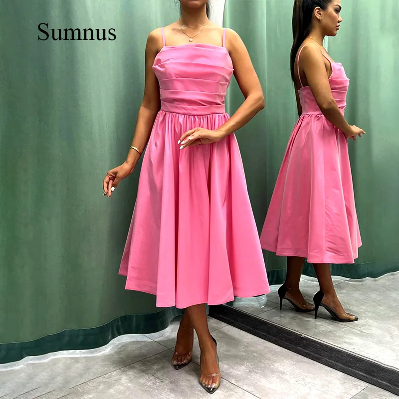 Sumnus rosa midi vestido de baile espaguete cintas voltar zíper vestidos de festa sem alças curto vestidos de noite elegante feminino vestidos de festa