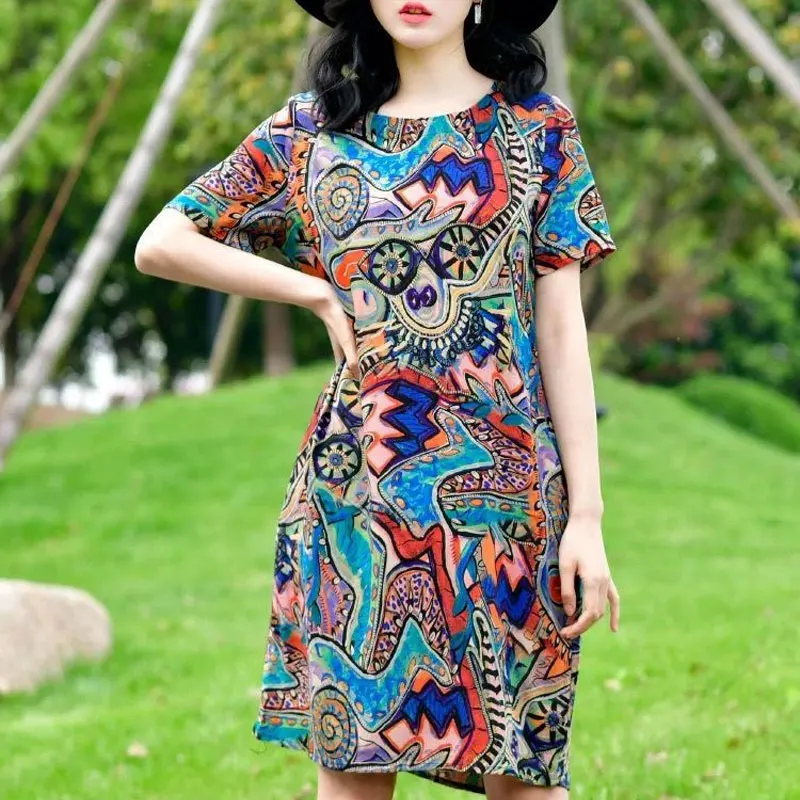 Folk Abstract Oil Painting Midi Dress Vintage Summer Casual Round Neck Female Clothing A-Line Waist Casual Short Sleeve Dresses