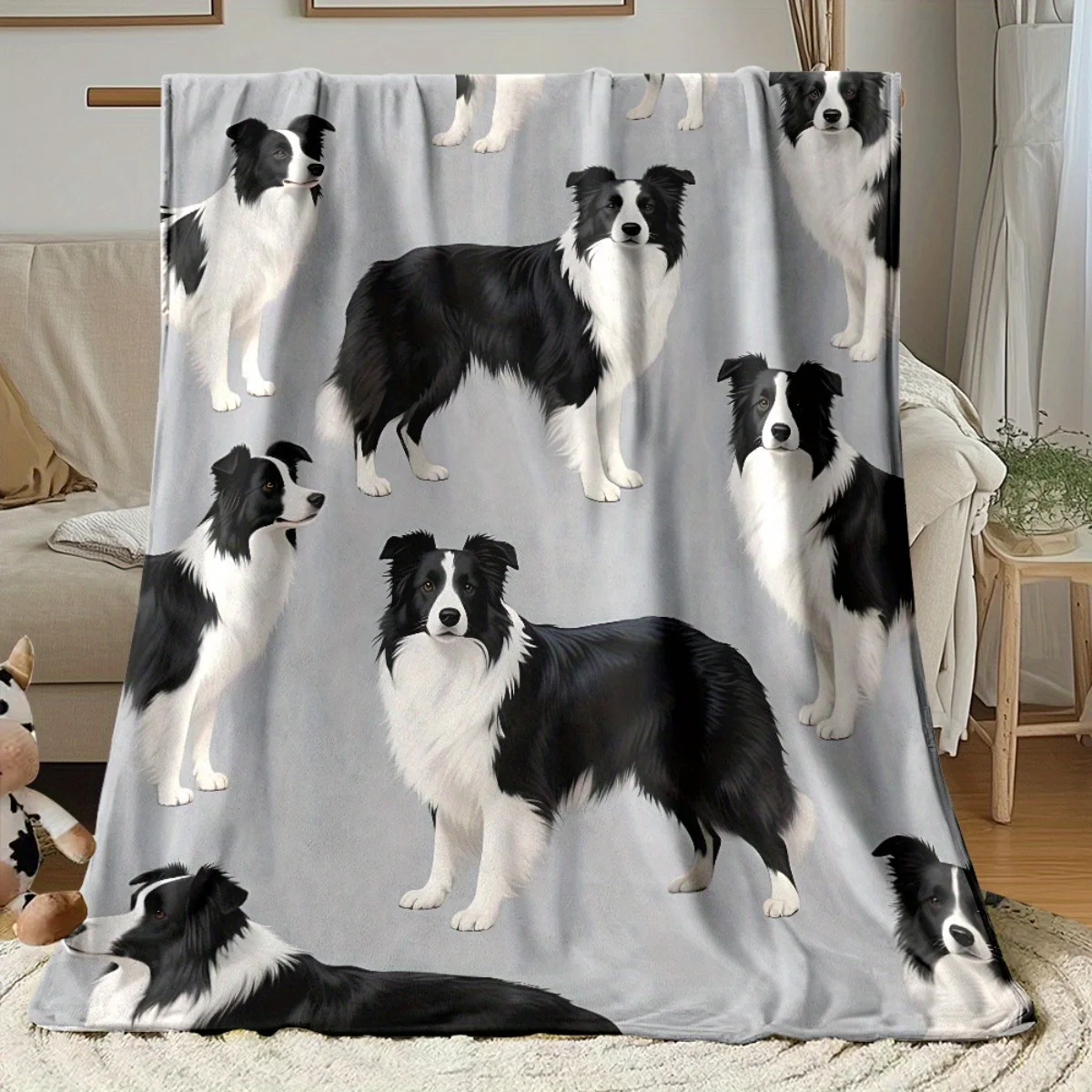 2D Flat Print, 1pc of Realistic-style Cute Pet Throw Blanket/blanket, Featuring a Multi-pose Border Collie Print Pattern, a Nap