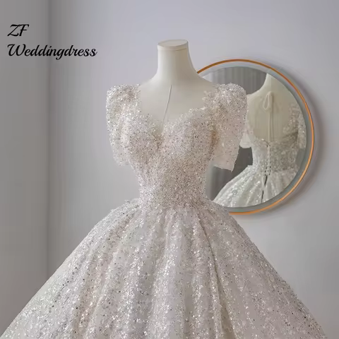 Customized new bride wedding dress, round neck, small tail, bubble short-sleeved, sparkling beaded evening dress, banquet dress