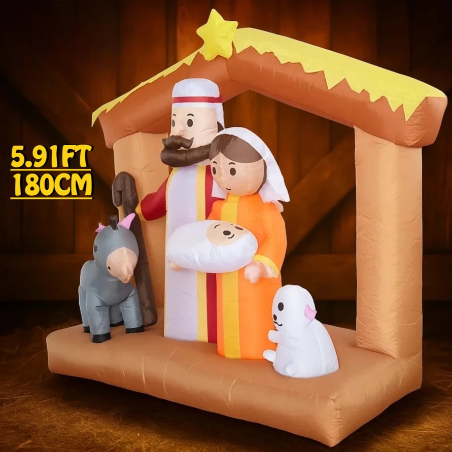 5.91FT لعبة قابلة للنفخ الأسرة المقدسة عيد الميلاد حمار الضأن هدايا احتفالية زينة عيد الميلاد لساحة المورد حلية تزيين المنزل