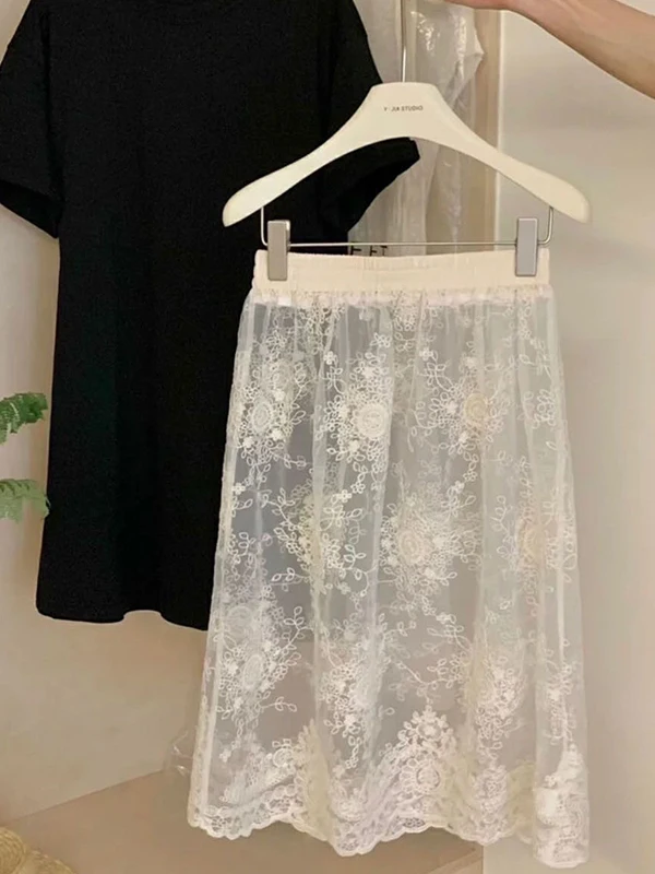 

Retro Lace Hollow out Base Layer Half Skirt See through Midi Long Skirt Commute Korean Style High Waist Polyester Fiber Summe...