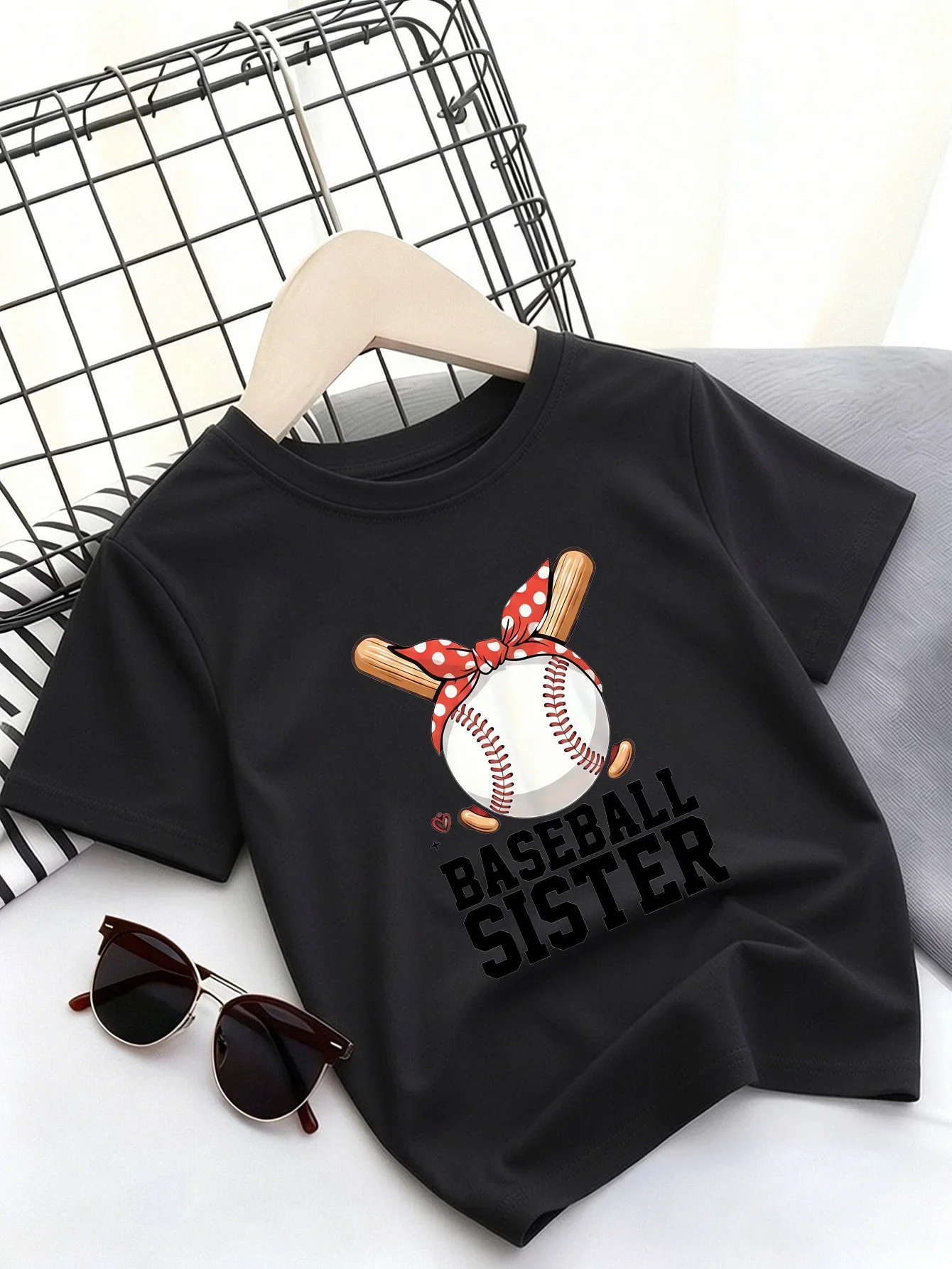 Cartoon Baseball Bat Polka Dot Bow Heart Baseball Sister Bold Text Graphic White Short Sleeve Top Sport Lover Girls Casual Tee