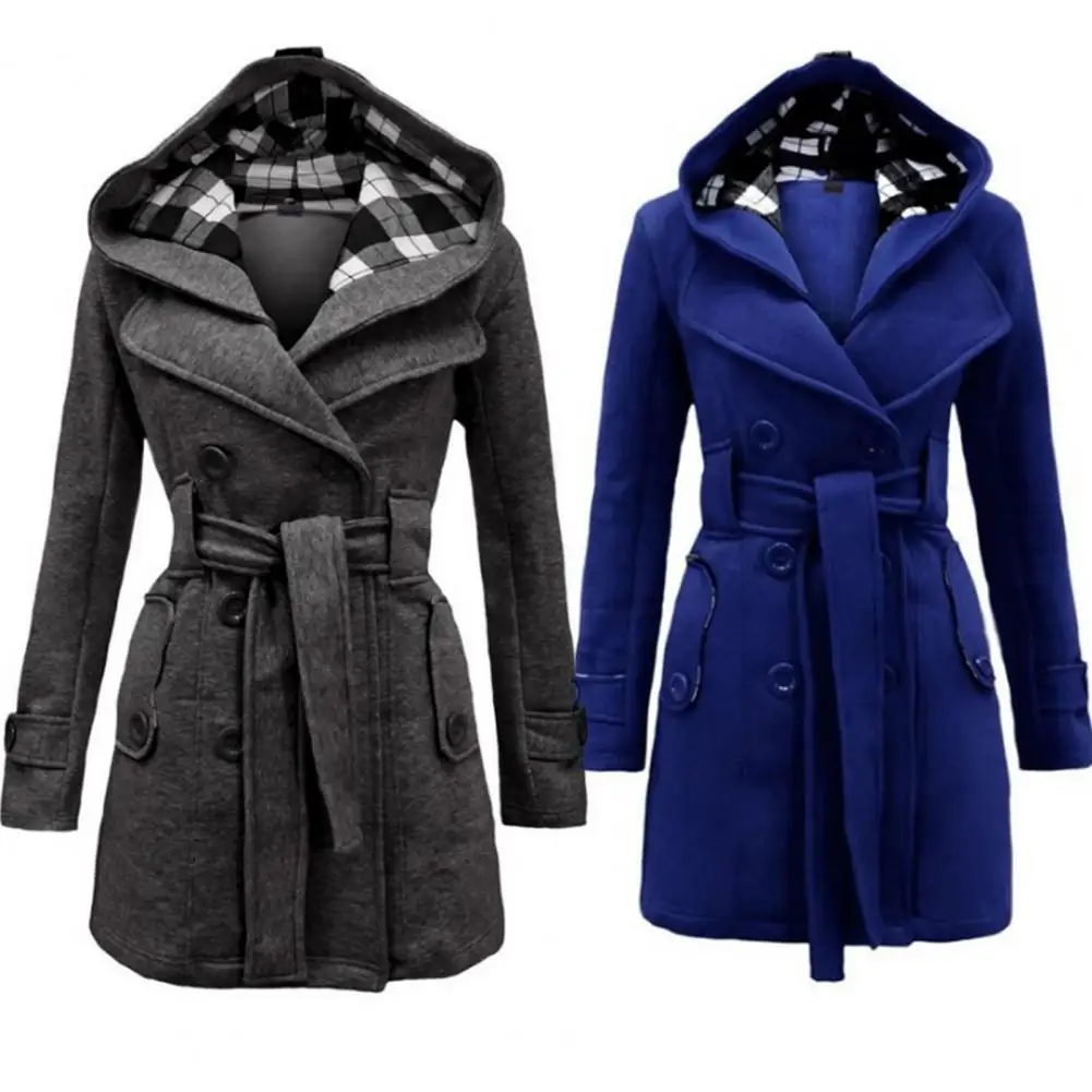 Ladies Best Woolen Coat Dress Elegant Plaid Hooded Double-Breasted Woolen Coat 2024 Autumn Winter Waist Tight Wool Blends Jacket