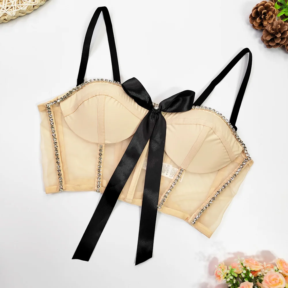 

Summer 2024 Sweet Vest Corset Women Mesh Diamonds Beading Bowknot Short Tops Party Night Club Bustier Bra No Push-up 45920