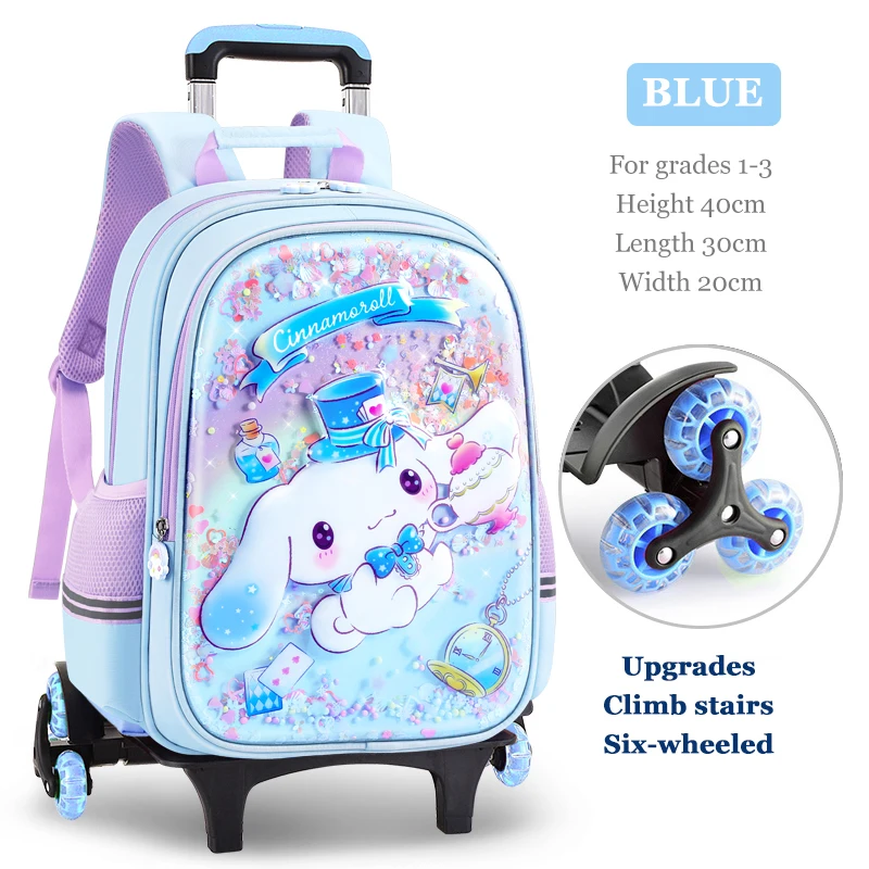 

Miniso Kuromi Girls Schoolbag On Wheels Pupils 6 Rounds Trolley Bag Student Wheeled School Bag Children Backpack Grade1-3-6 Gift