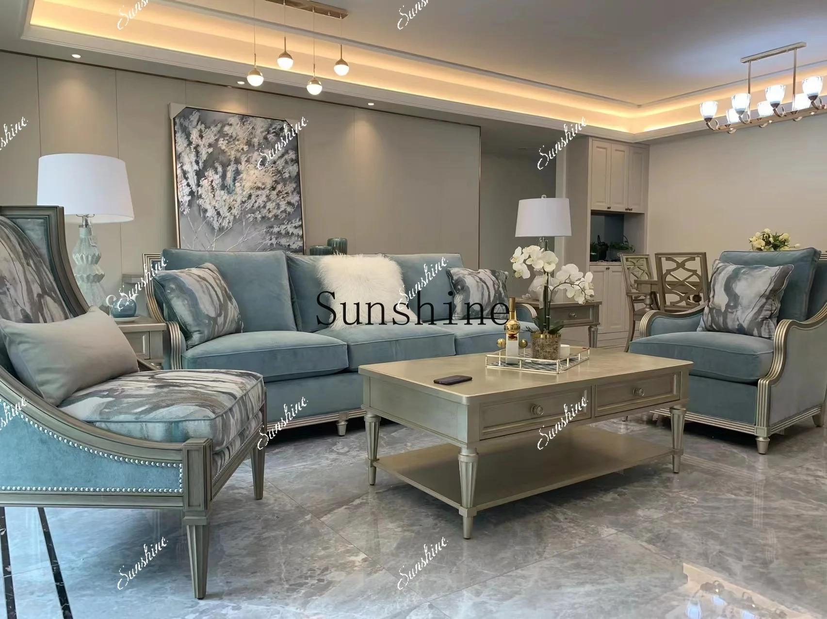 

American fabric furniture modern simple light luxury solid wood combination three-person sofa living room FT